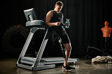 A disabled man with a prosthetic leg stands on a treadmill, holding a water bottle while working...
