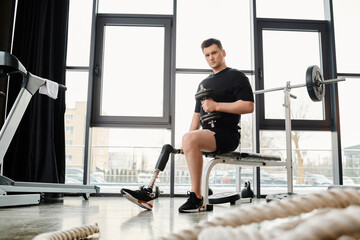 A man with a prosthetic leg is seen sitting on a bench in a gym, working out with dumbbell