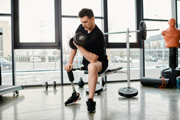 A determined man with a prosthetic leg performing a squat exercise with a barbell at the gym.