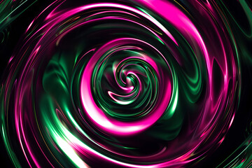 Mesmerizing neon swirls in a circular motion with vibrant pink and green hues. Striking artwork on black background.