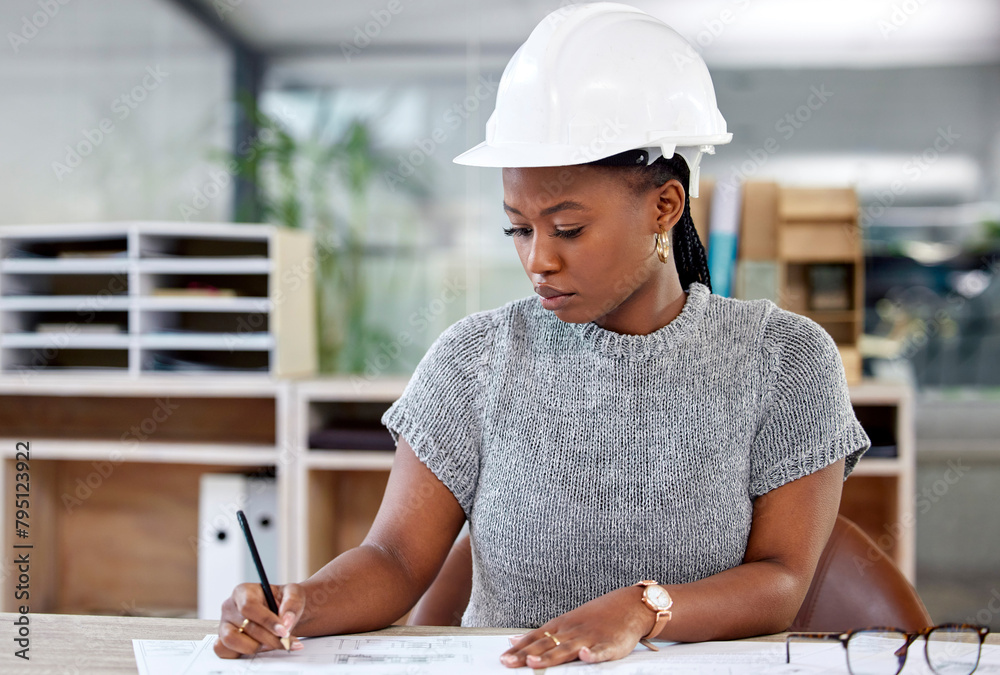 Poster hardhat, architecture and black woman drawing blueprint in office for construction building project.