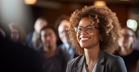 Obraz premium Attendees at a seminar, including a smiling woman with curls and specs