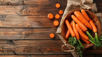A top view of a basket filled with freshly picked carrots placed on a wooden background - obrazy, fototapety, plakaty