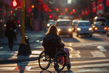 Night scene of woman in wheelchair on city street with cars and traffic lights in background