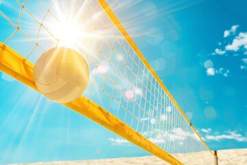 Beach volleyball  ball and net under blue sky   summer seascape leisure and recreation