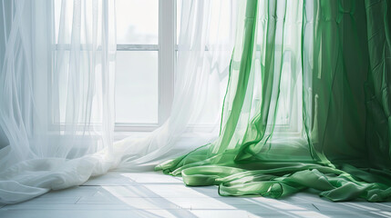 Luxurious white and green tulle on the window in a beautiful bright room	 - obrazy, fototapety, plakaty