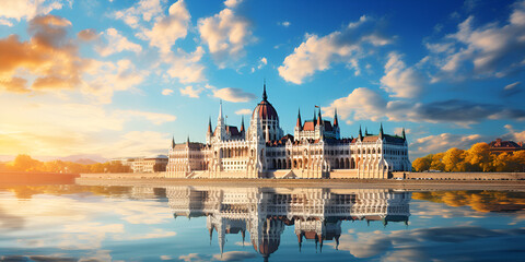 Magnificent parliament building exterior view and building surrounded with water and reflection of building seen in the water on vast sky and clouds background, day time view - obrazy, fototapety, plakaty