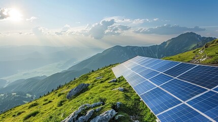 Solar panels on a mountain ridge - obrazy, fototapety, plakaty