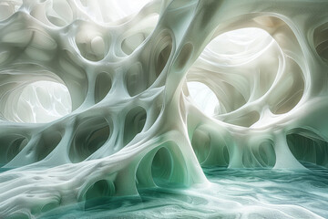 Abstract teal and white wavy silk background. Created with Ai