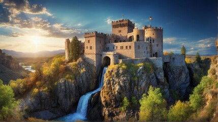 滝と城の風景,Generative AI AI画像
