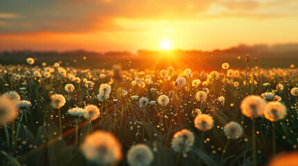 Sunset on dandelions field --