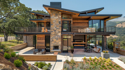A contemporary house with a unique blend of materials, featuring a mix of wood, stone, and metal...
