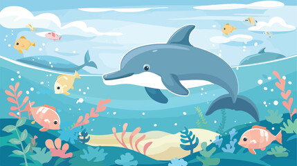 Fototapeta na wymiar Sea animals with landscape - cute cartoon illustration