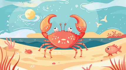 Sea animals with landscape - cute cartoon illustration