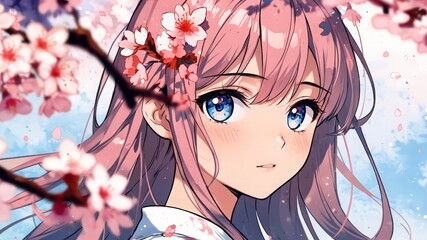 桜の花とアニメ風女の子,Generative AI AI画像