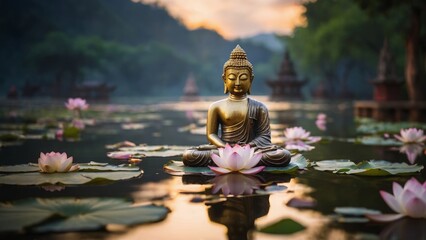 湖と仏陀像,Generative AI AI画像