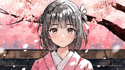 桜の花とアニメ風女の子,Generative AI AI画像