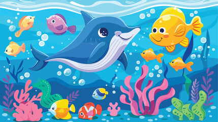 Obraz na płótnie Canvas Sea animals with landscape - cute cartoon vector illustration