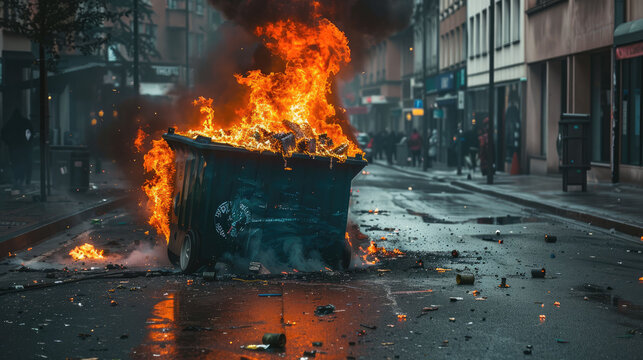 A garbage container with garbage is on fire on a street in the city.