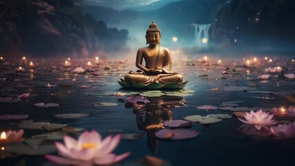 湖と仏陀像,Generative AI AI画像