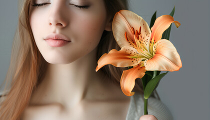 Naklejka premium Young woman with lily flower on grey background with space for text. Gynecology concept