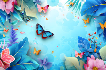 Flower floral butterfly background best quality hyper realistic wallpaper image banner template, A painting of flowers with blue butterflies and a pink and orange butterfly,Abstract blue background 


