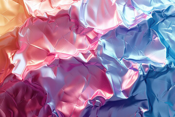 Closeup of an abstract, iridescent fabric with soft pink and blue hues, glowing in the sunlight. Created with Ai