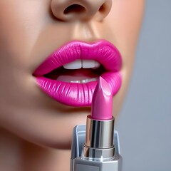 Obraz premium Close up of female lips with pink lipstick. 3D rendering.