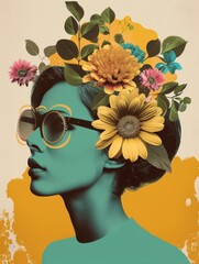 Vintage collage of woman with flowers, AI generated