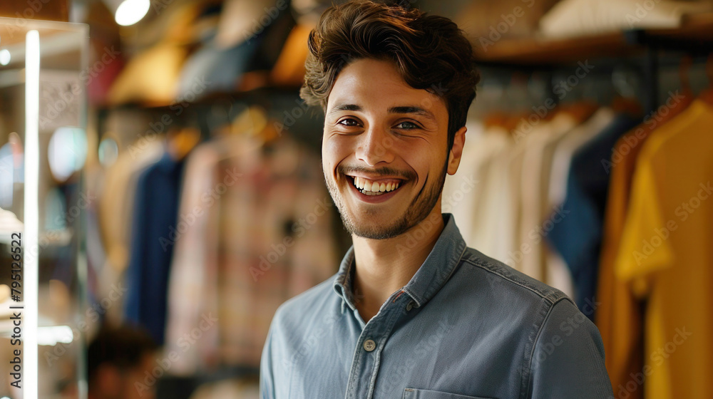 Wall mural Portrait of smiling young male employee of a men's clothing store looking directly at the camera