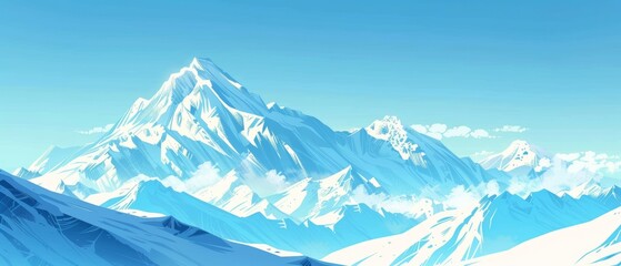 Illustration of Snowy Mountain Range, Tranquil Winter Landscape, Vector Minimalism in Nature, Alpine Serenity and Frosty Peaks