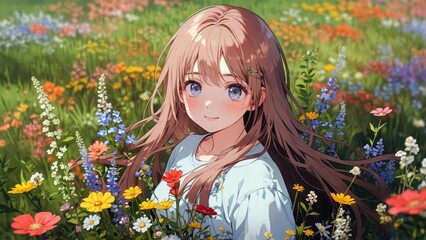 花畑とアニメ風の女の子,Generative AI AI画像