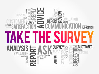 Take the Survey - take part in a questionnaire, to give one's opinion, word cloud concept background
