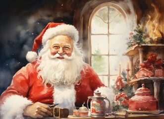 Happy New Year watercolor postcard with Santa Claus decorated Christmas tree with fireplace, lights and festive atmosphere hand drawn illustration.