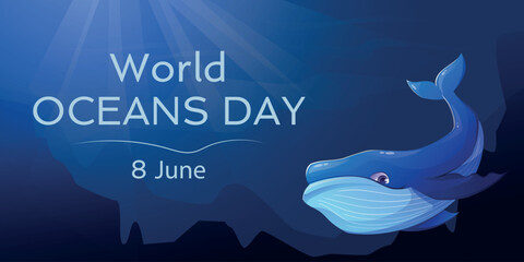 World Oceans Day, June 8. Vector cartoon horizontal banner, against the background of the dark underwater depths of the sea, a funny huge blue whale.
