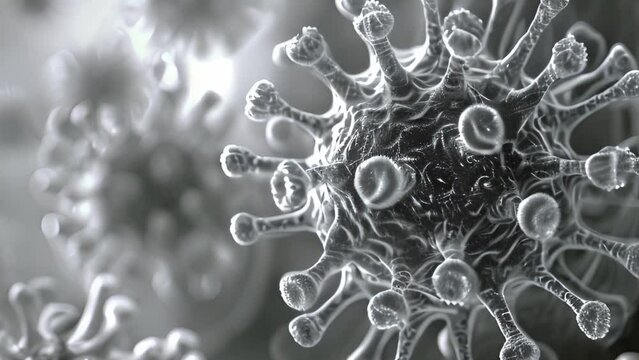 Detailed black and white macro photography captures intricate viral realm within human, aiding healthcare