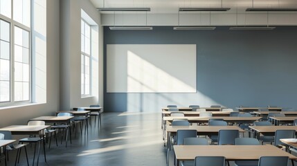 A large empty classroom with a white board on the wall