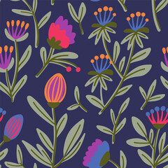 Folk Floral Fantasy Seamless Pattern with agapanthus and tulip