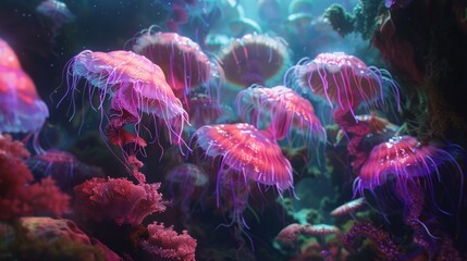 A mesmerizing underwater scene with radiant jellyfish floating amongst coral. - obrazy, fototapety, plakaty