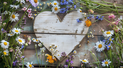 Heart made of wood on a rustic background with wildflowers