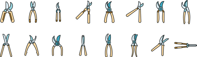 Secateurs icons set outline vector. Agriculture cut. Garden farm thin line color flat on white