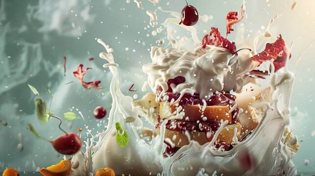 Whimsical composition of food with sauce depicted in a playful flying motion