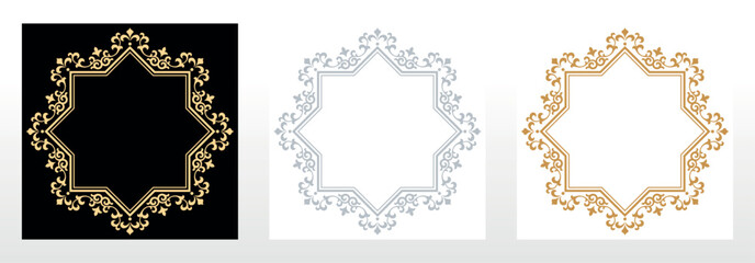 Set of decorative frames Elegant vector element for design in Eastern style, place for text. Floral black, gold, and gray borders. Lace illustration for invitations and greeting cards