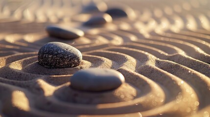 Zen garden with carefully raked sand and smooth pebbles, creating a calming ambiance for yoga