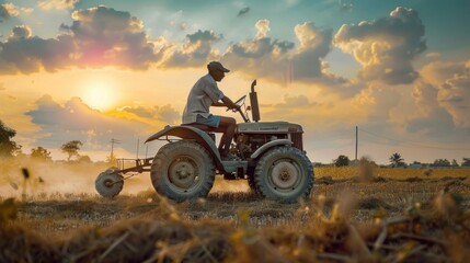 Obraz premium Sunset Tractor Ride Through Field A Farmer Drives a Tractor In the Golden Light of Evening
