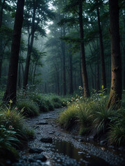 misty morning in the road of the forest