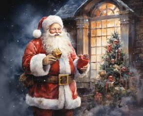 Happy New Year watercolor postcard with Santa Claus decorated Christmas tree with fireplace, lights and festive atmosphere hand drawn illustration.