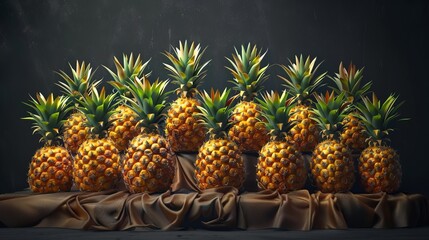 A captivating display of tangy pineapples arranged meticulously in the studio - obrazy, fototapety, plakaty