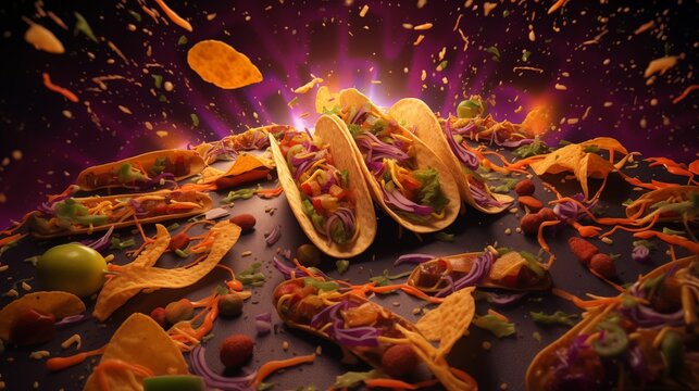 Dynamic Image of Exploding Tacos with Vibrant Colors and Ingredients in Motion