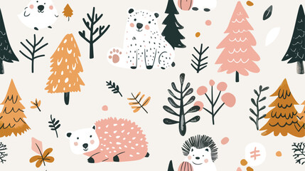 Seamless pattern with polar bear hedgehog forest  - obrazy, fototapety, plakaty